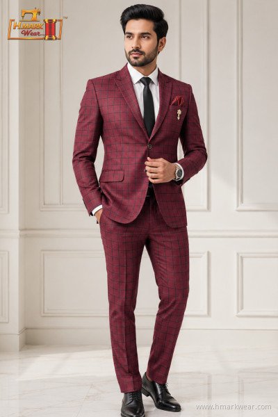 Men's Premium Maroon Windowpane Party Wear 3-Piece Suit Set