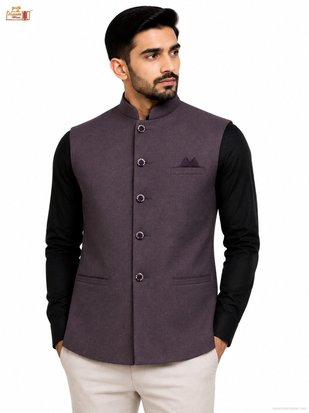 Men's Premium Textured Nehru Jacket – Mandarin Collar Ethnic Waistcoat – Deep Plum