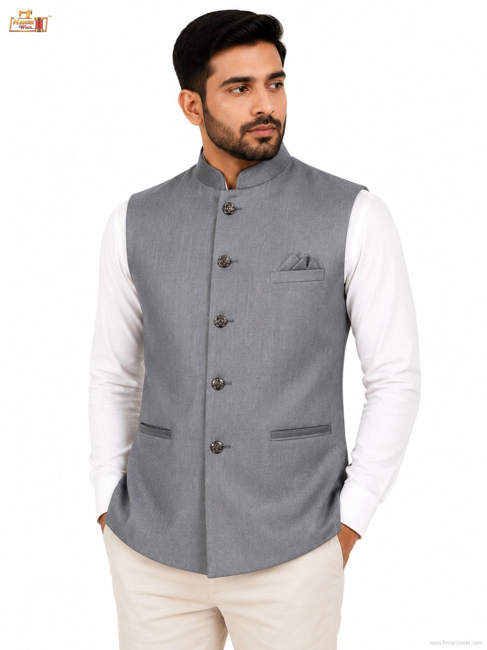 Men's Premium Textured Nehru Jacket – Mandarin Collar Ethnic Waistcoat – Light Grey