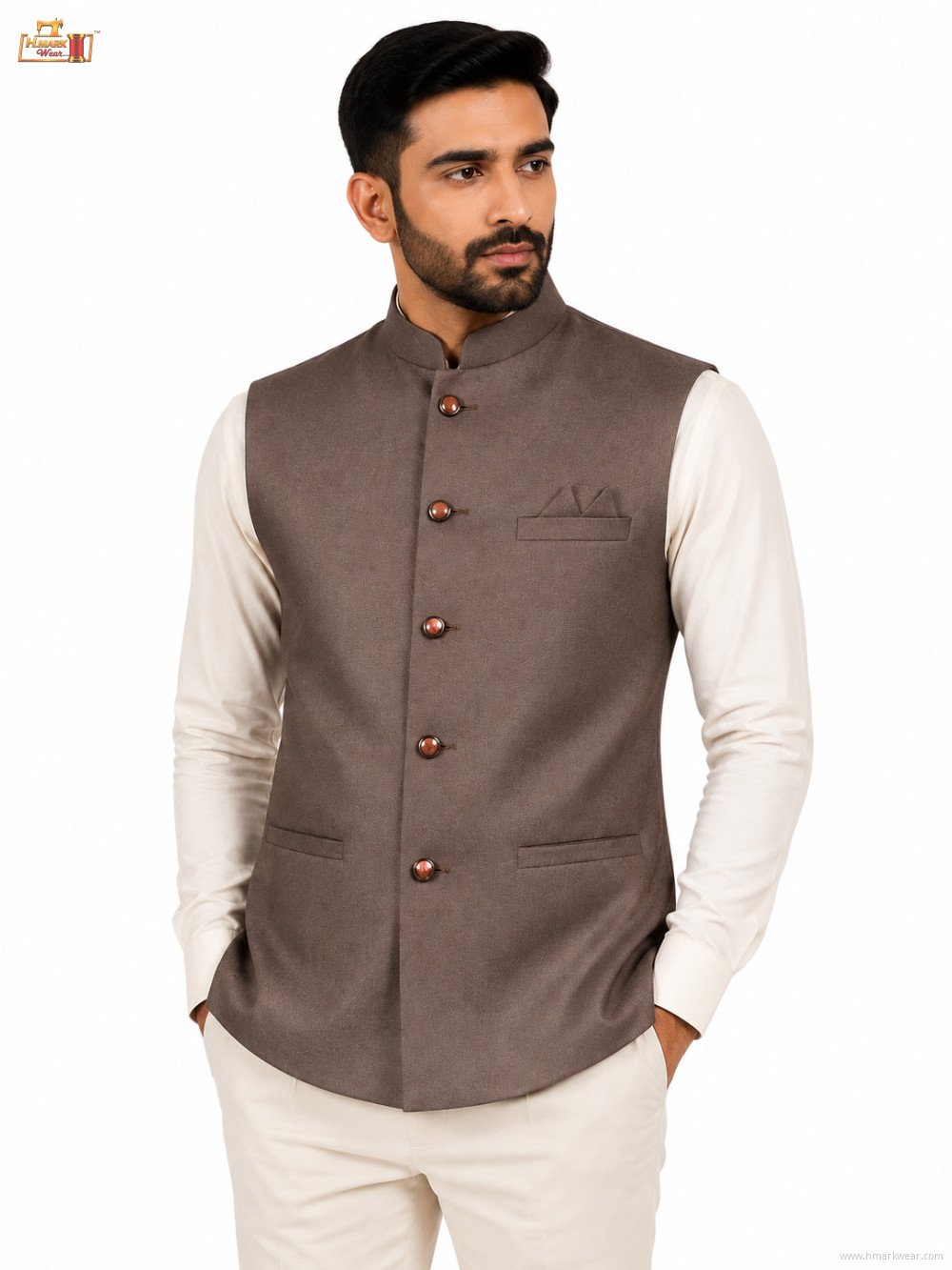Men's Premium Textured Nehru Jacket – Mandarin Collar Ethnic Waistcoat – Taupe Brown