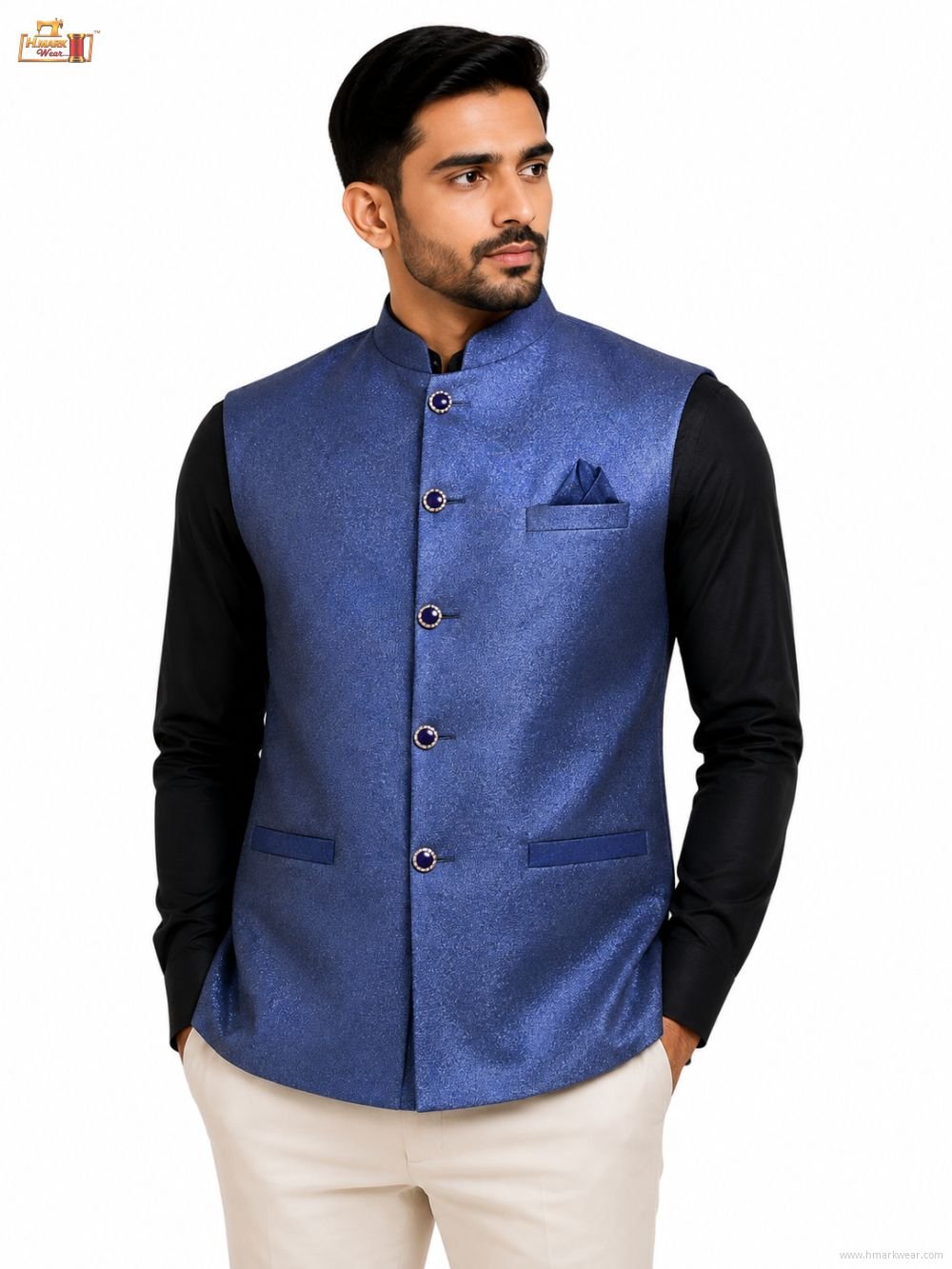 Men's Premium Textured Nehru Jacket – Mandarin Collar Ethnic Waistcoat – Royal Blue