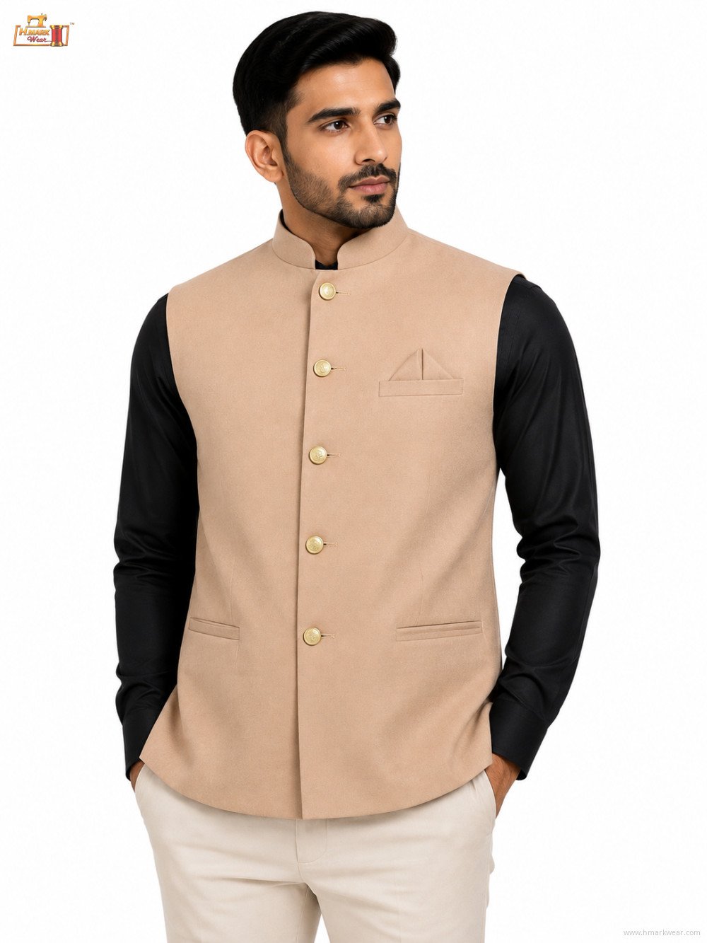 Men's Premium Textured Nehru Jacket – Mandarin Collar Ethnic Waistcoat – Sand Beige