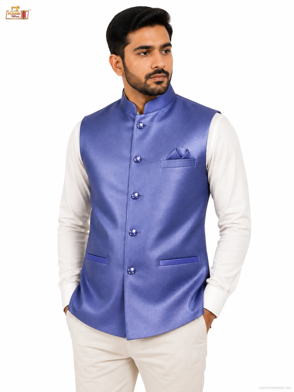 Men's Premium Textured Nehru Jacket – Mandarin Collar Ethnic Waistcoat – Periwinkle Blue