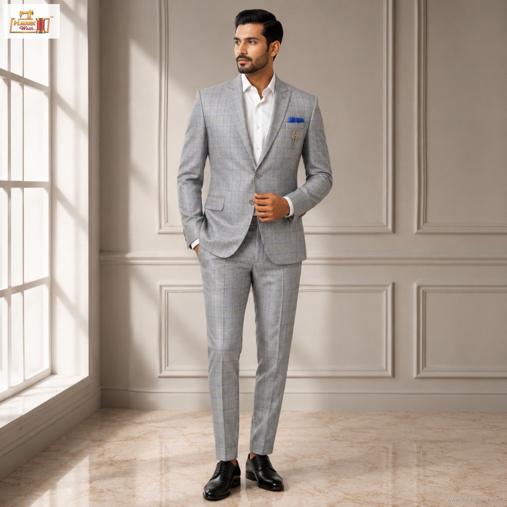 Men's Premium Light Grey Windowpane 2-Piece Suit Set