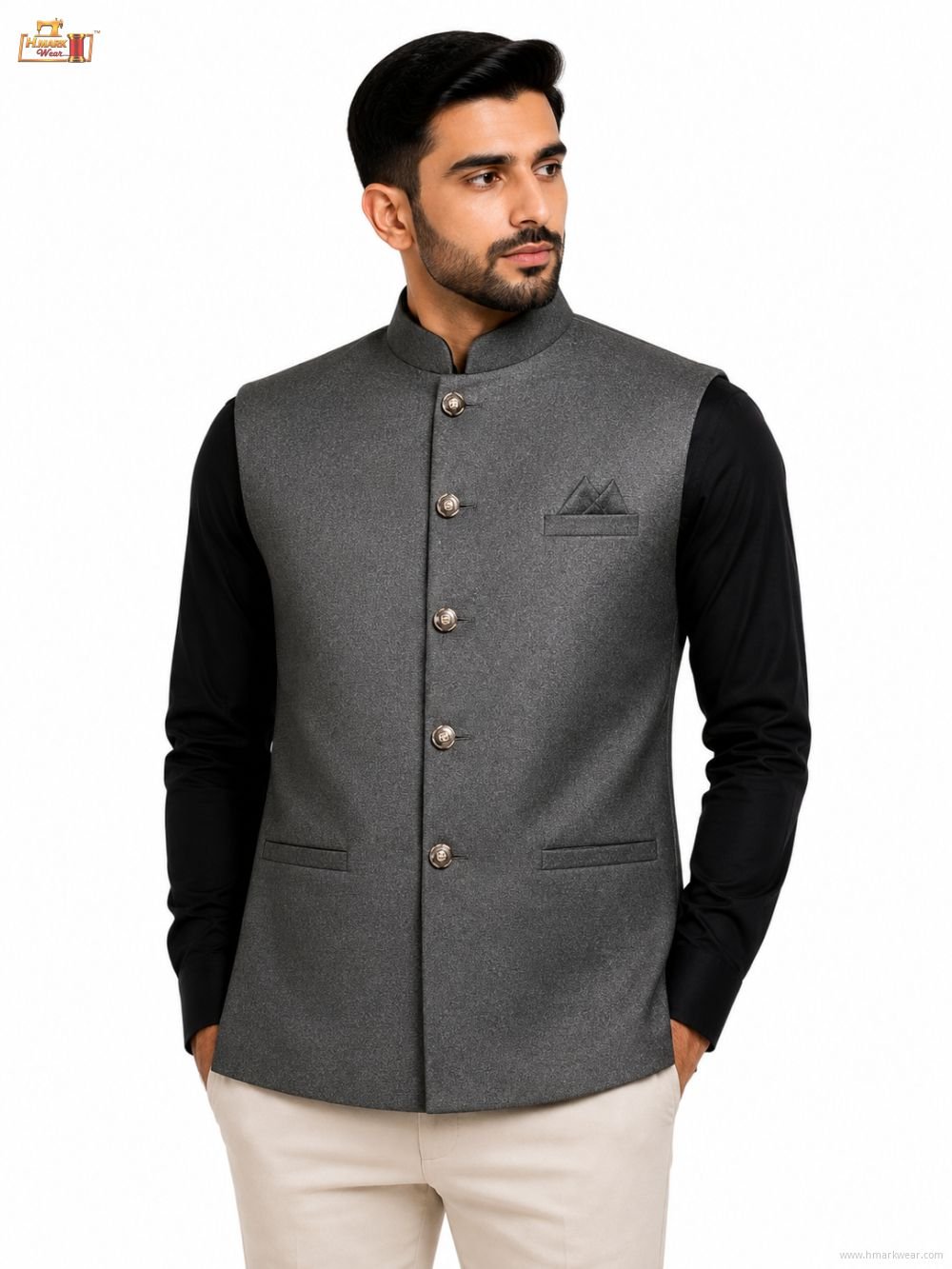 Men's Premium Textured Nehru Jacket – Mandarin Collar Ethnic Waistcoat – Charcoal Grey