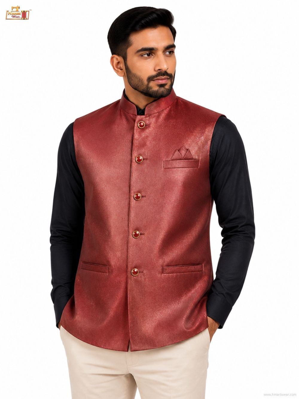 Men's Premium Textured Nehru Jacket – Mandarin Collar Ethnic Waistcoat – Burgundy Red