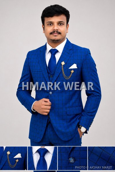 Men's Royal Blue Windowpane Check Slim Fit Single Breasted Formal Blazer