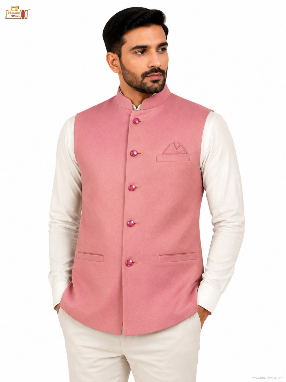 Men's Premium Textured Nehru Jacket – Mandarin Collar Ethnic Waistcoat – Rose Pink